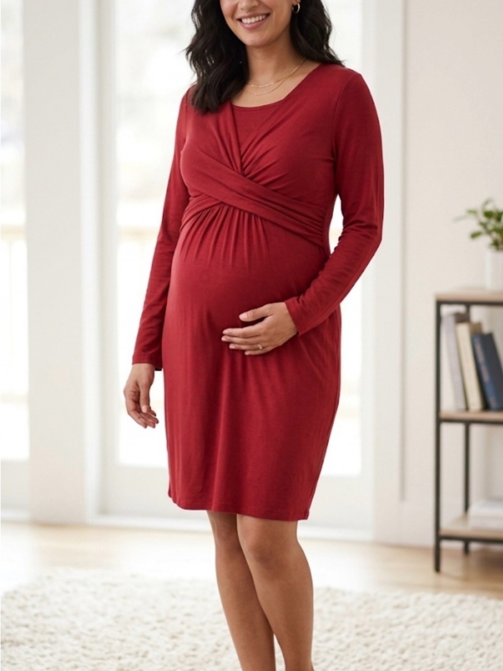 Motherhood Maternity Long-Sleeve Twist-Front Dress in Deep Red